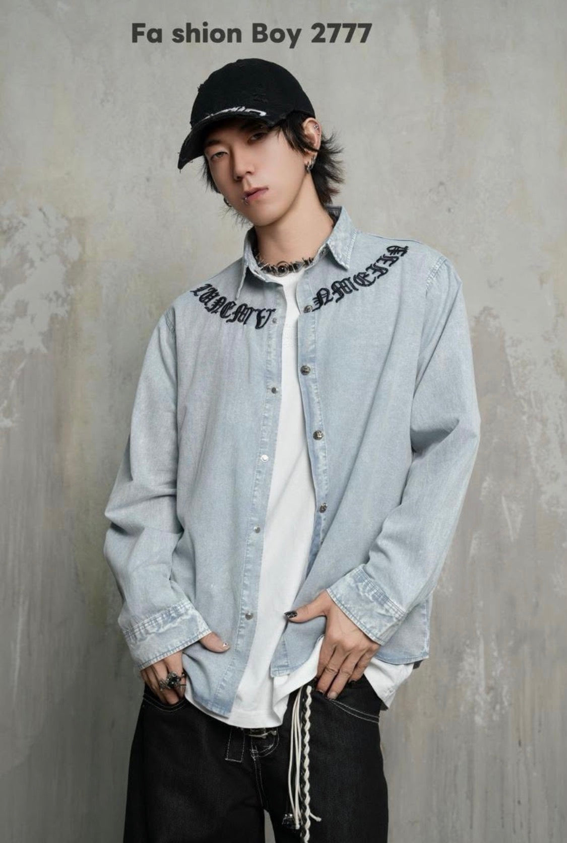 Vogue Design RHC CHR Faded Grey Colour Black Embroidery  Full Sleeve Imported Men’s Shirt 2777