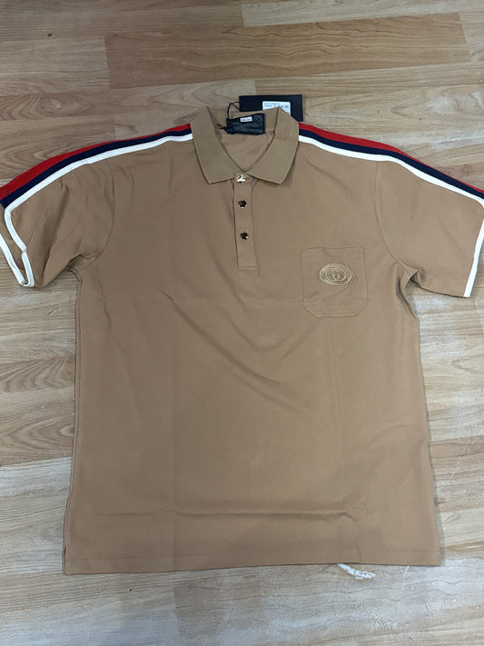Cug Beige Brown Colour Blue Red Shoulder Strip Collar Premium Quality T Shirt 91002
