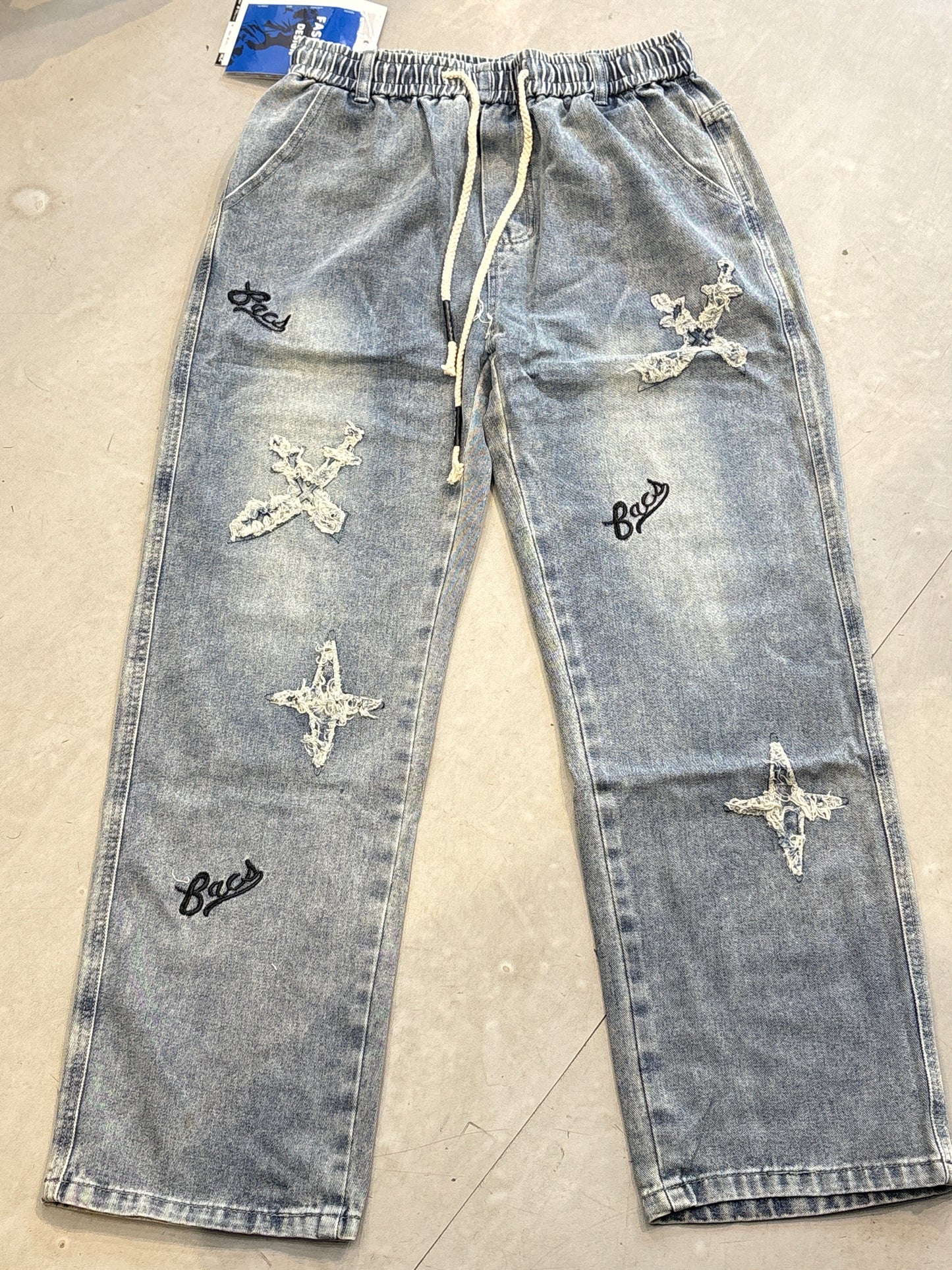 Fashion Design Light Blue Faded Colour Star Rugged Print Bacs Denim Jogger Pant 2880