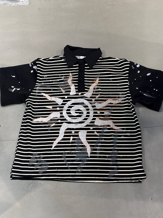 M Four Black White Stripe Orange Silver Colour Print Baggy Look Coller Tshirt 298
