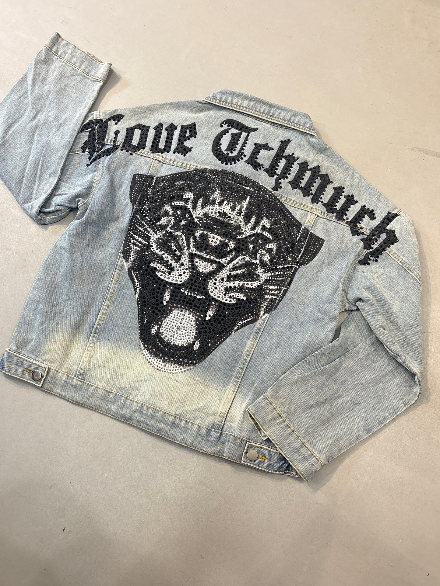 LDA Sky Blue Stone Work Panther Print Full Sleeve Denim Jacket 8845