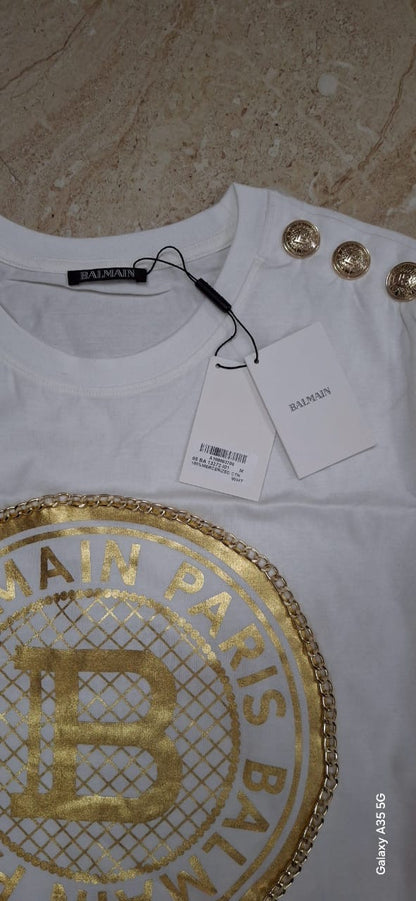 Bal Lab White Colour Gold Chain Print Shoulder Gold Button Round Neck 13272