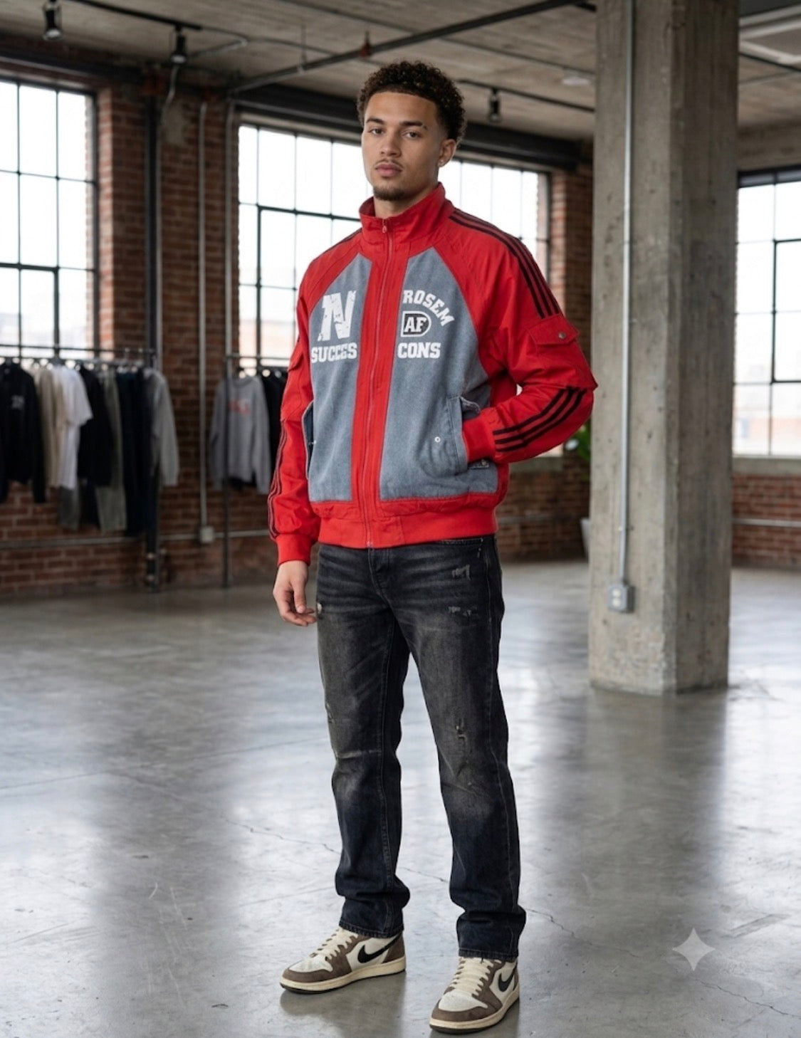 N SUCCES Red Colour With Rugged Blue Denim Design Premium Quality Unisex Jacket 268-17