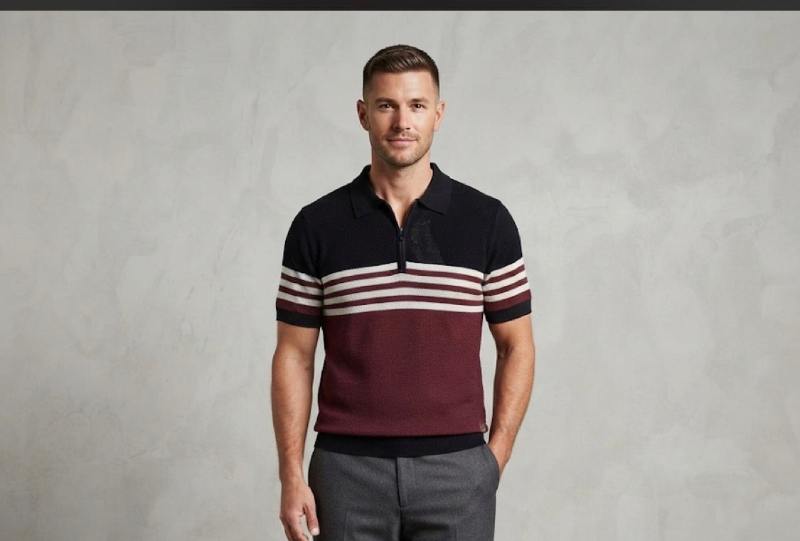 Men Stylish Black Dark Red Colour White Lining Half Zip Knitted Premium Quality Unisex Collar T-Shirt R86028
