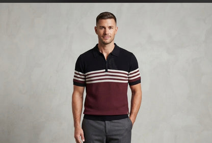 Men Stylish Black Dark Red Colour White Lining Half Zip Knitted Premium Quality Unisex Collar T-Shirt R86028