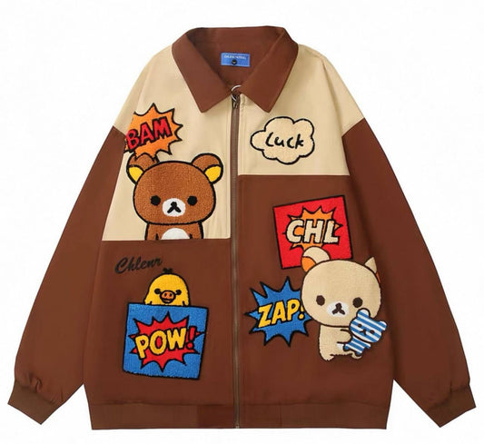 CHLEN RTEEL BAM CHL POW Brown Beige Colour Bear Embroidered Baggy Size Premium Quality Unisex Jacket HY568