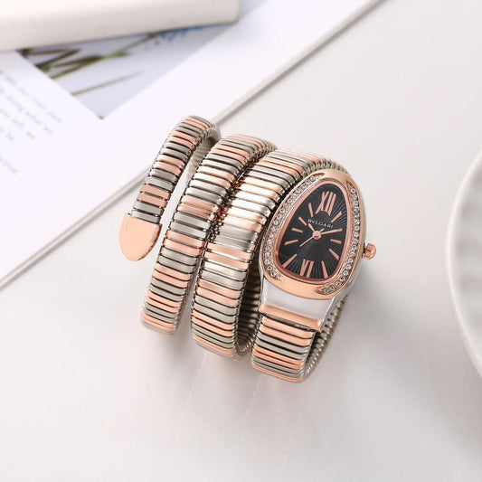 LVB Copper Silver Snake Chain Ladies Stud Black Dial Watch 989357