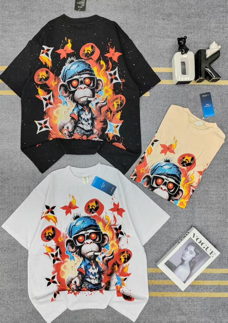 Amanni Beige Colour Fire Monkey Print Imported Oversized Unisex T Shirt 990876