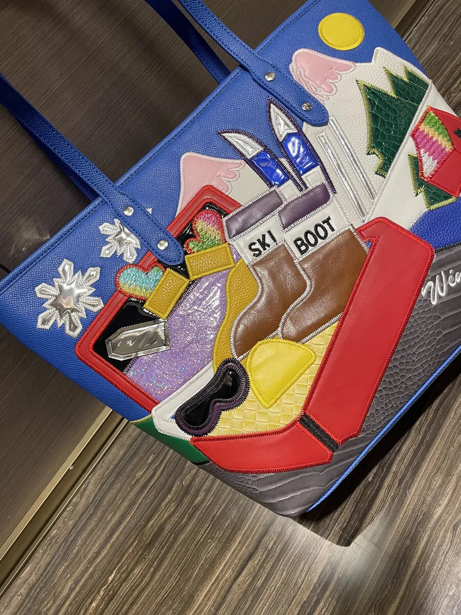 SKI BOOT Multicoloured Patch Work Heart & Home Sun Print Leather Premium Quality Tote Bag 892