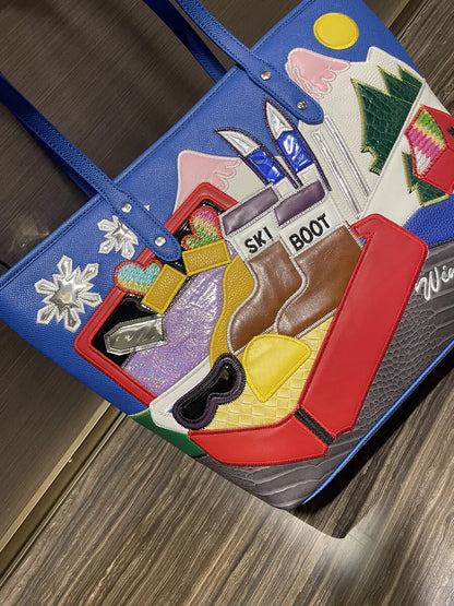 SKI BOOT Multicoloured Patch Work Heart & Home Sun Print Leather Premium Quality Tote Bag 892