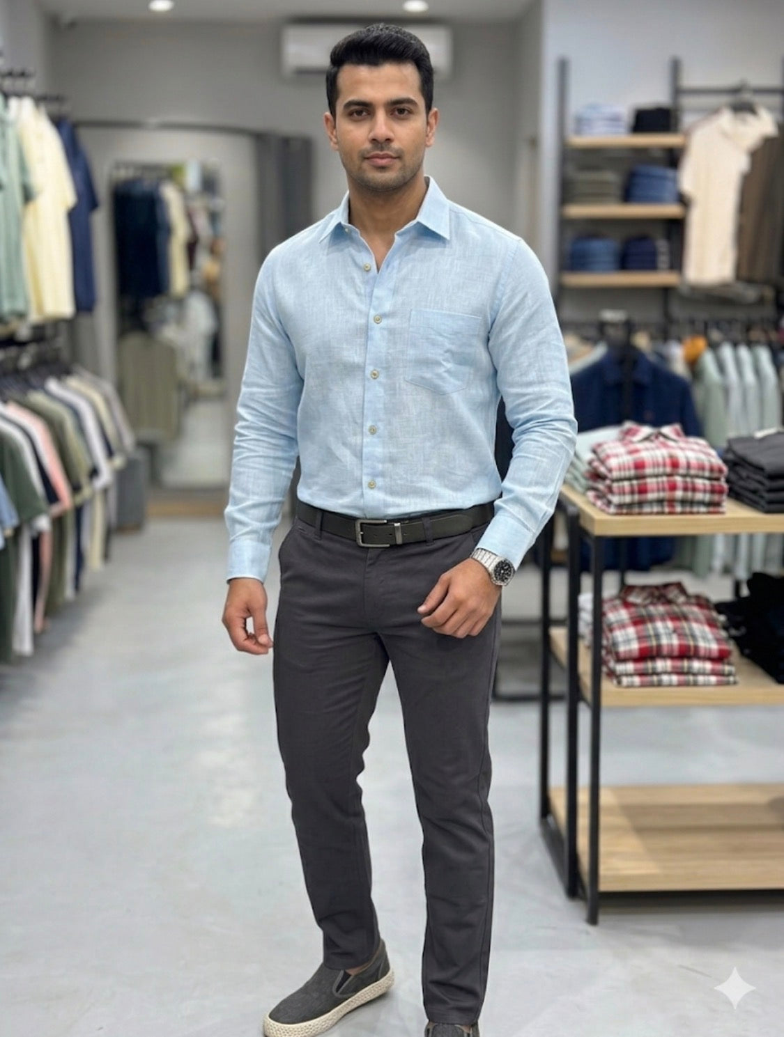 AQUARIUS Sky Blue Colour Premium Quality Plain  Full Sleeve Linen Shirt 990842