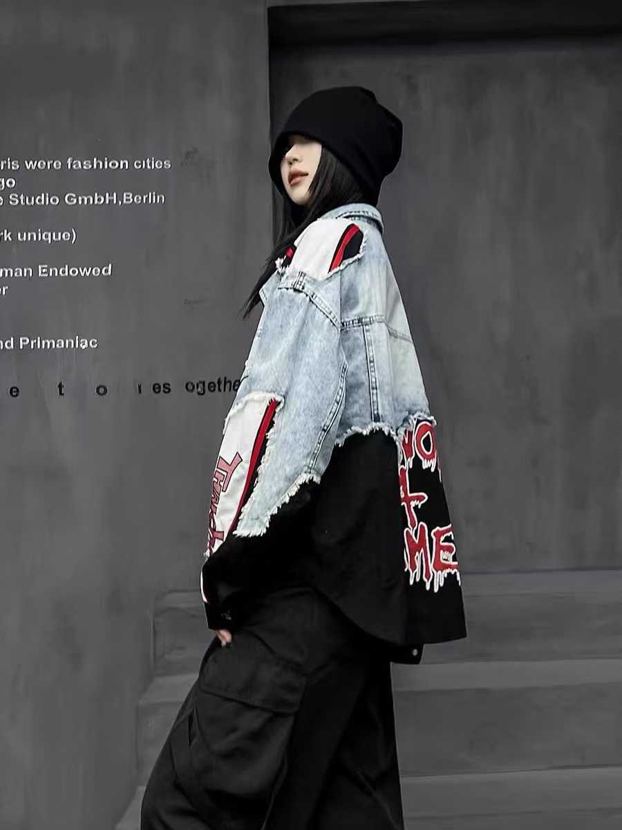 Q.W.Z Thaicha Sky Blue Rugged Denim With Black Red Colour Imported Unisex Crop Shacket 990729
