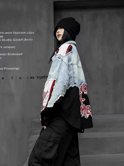 Q.W.Z Thaicha Sky Blue Rugged Denim With Black Red Colour Imported Unisex Crop Shacket 990729
