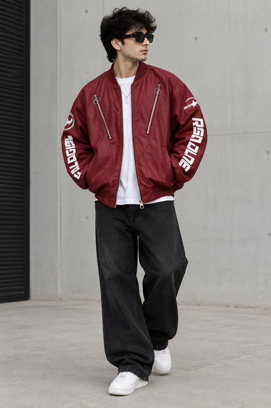 MANMO Red Colour Rsadlne Print Multi Zip Premium Quality Unisex Imported  Leather Jacket