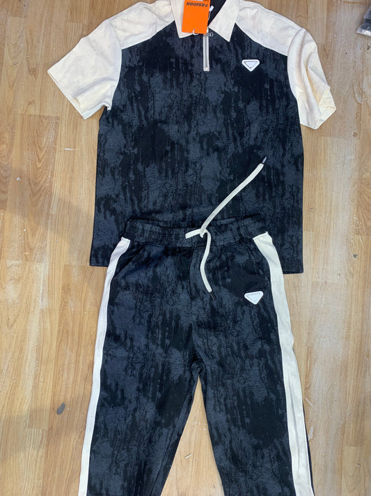 Black Cream Colour Imported Collar Half Zipp Style Unisex Cord Set 803