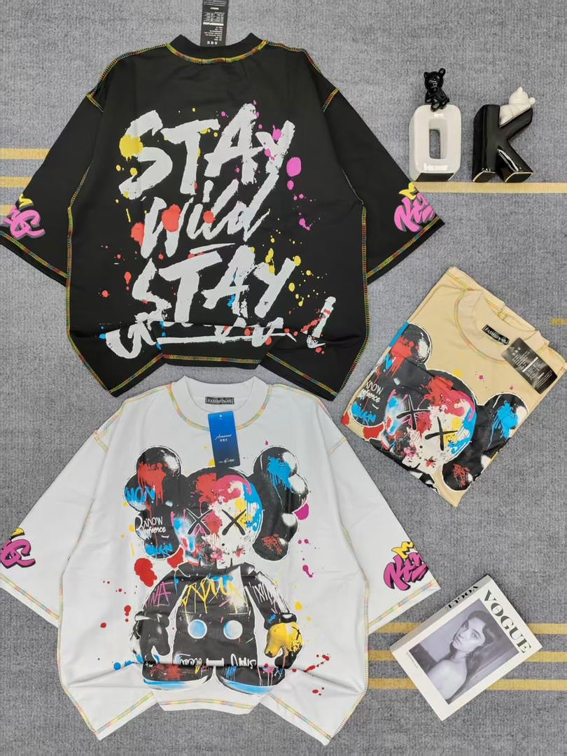 FASHION Black Colour STAY WILD STAY GREATEFUL Teddy Multi Colour Print Imported Oversized Unisex T Shirt 990867