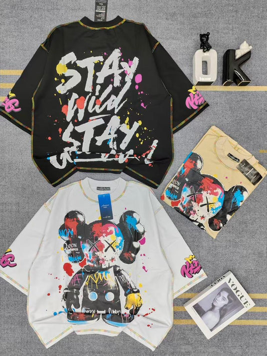 FASHION Beige Colour STAY WILD STAY GREATEFUL Teddy Multi Colour Print Imported Oversized Unisex T Shirt 990869