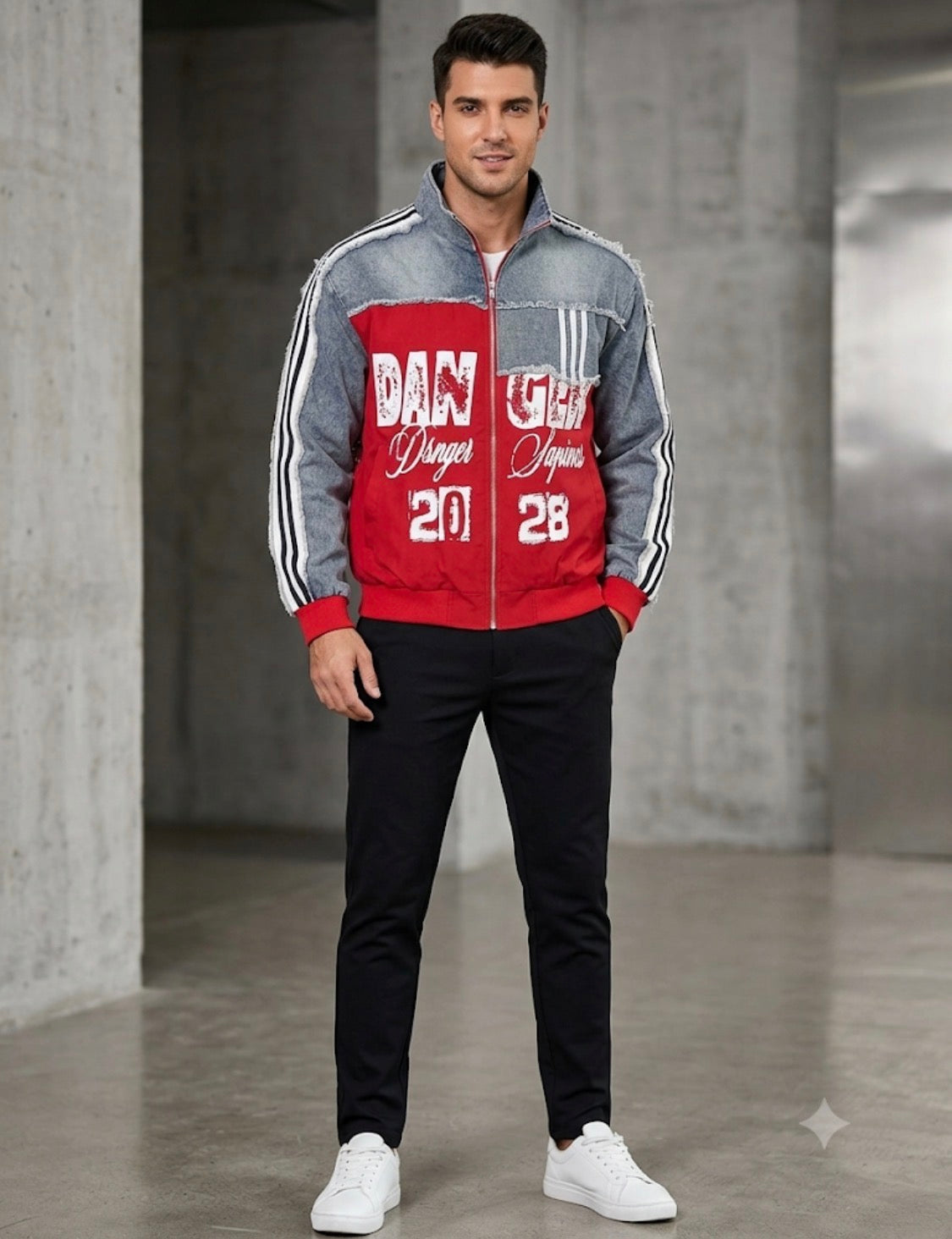 DANGER Red Colour With Rugged Blue Denim Design Premium Quality Unisex Jacket 268F-2
