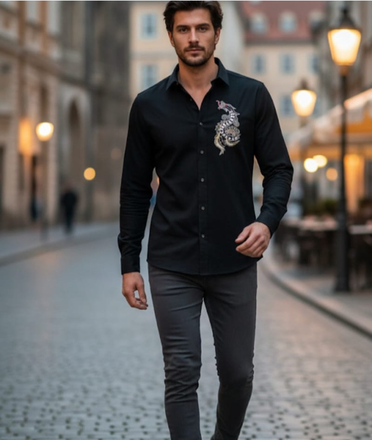 AQUARIUS Black Colour Dragon Red Silver Gold Stud Design Premium Quality Full sleeve Shirt 2567