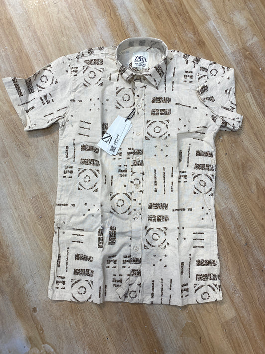 RAZ ZAR Cream Colour Brown Print Half Sleeve Linen Shirt 988989