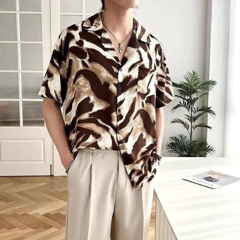 JCF Beige Brown Leopard Print Half Sleeve Imported Shirt 6800