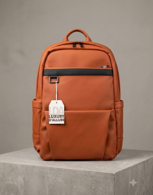 LDA Orange Colour Italian Leather Premium Quality Imported Unisex Backpack 810-6
