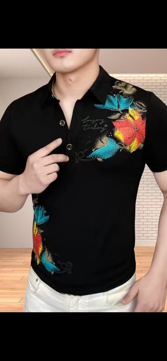 Mozhi Fashion Black Colour Red Sky Blue Flower  Half Sleeve Imported Collar T-Shirt DJ35130