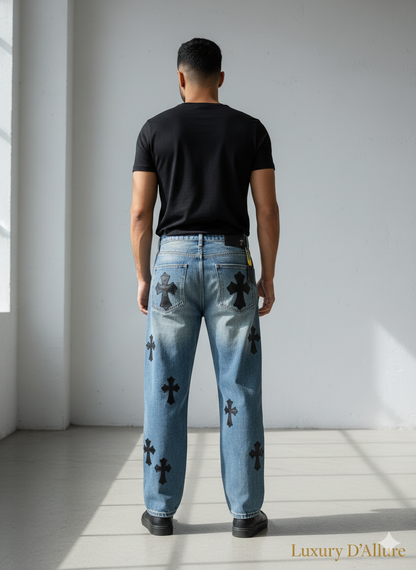 Chr Rhc Blue Denim Black Pach Work Imported Straight Fit Jeans KE-9