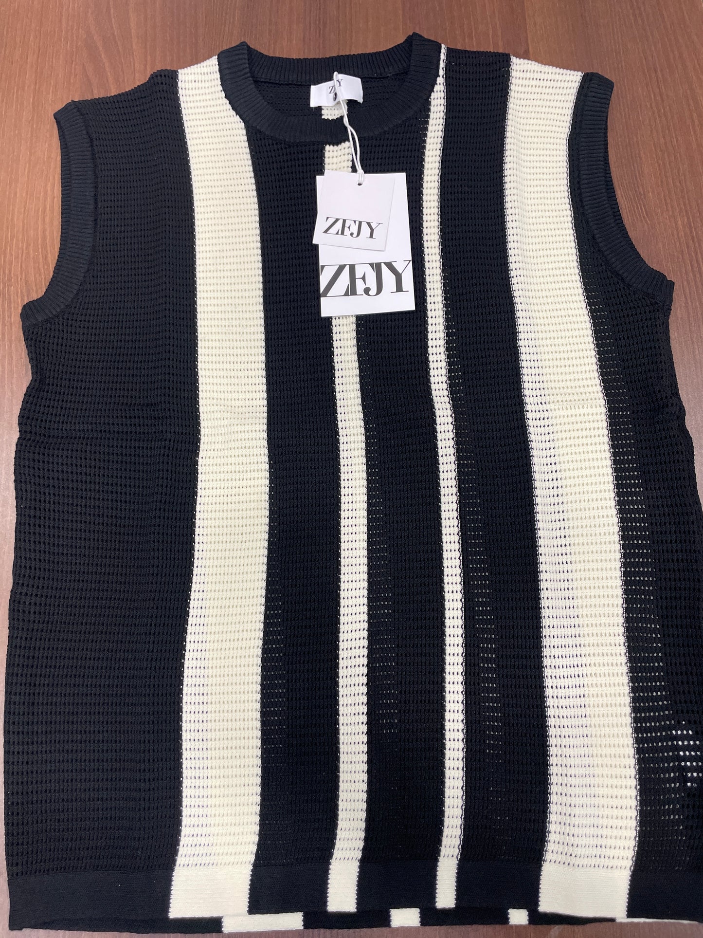 ZFJY Black Colour Cream Lining Knitted Premium Quality Round Neck Tank Top 6865