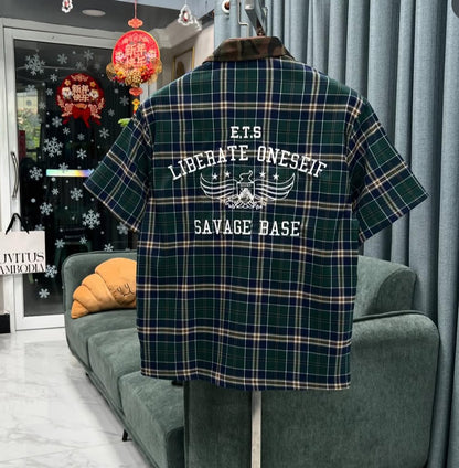 SAVAGE BASE ENDAROUND Patch Green Blue Check With Military Collar Half Sleeve Imported Unisex Shirt YR9360