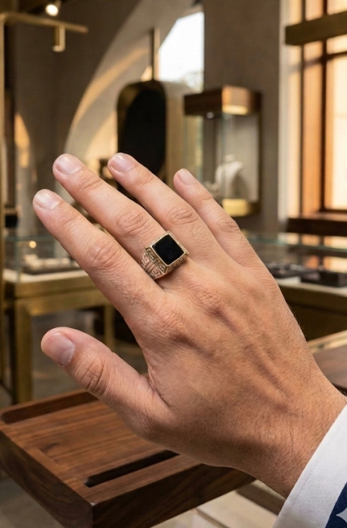 REV VER Golden Outline Black Stone Stylish Silver Ring for Men 991095