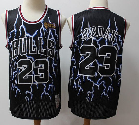 ROJ JOR 23 Bulls Black Colour Black Patch Blue Fire Print Basketball Jersey 990198