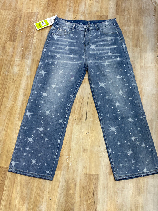 Sky Blue Star Print Stone Work Imported Straight Fit Jeans Y245