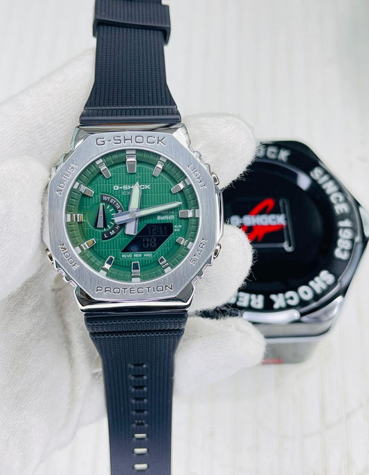 Hsg Black Silicone Strap Silver Metal Green Dial Water resistant Sports Men Watch 989509