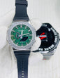Hsg Black Silicone Strap Silver Metal Green Dial Water resistant Sports Men Watch 989509