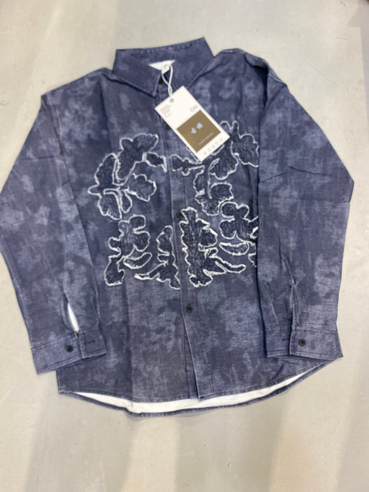 GN Dark Grey Colour Leaf Patches Imported Unisex Denim Shirt 2613
