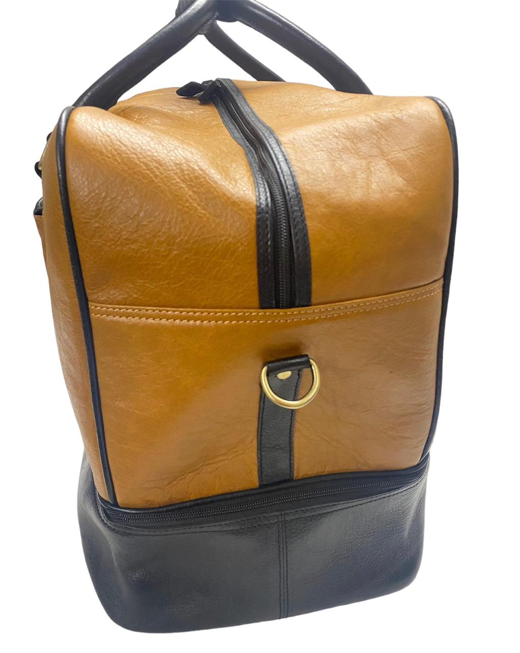 Tan And Black LDA Genuine Leather Big Size Double Decker Travelling Duffle Bag 988085