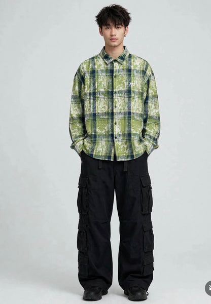 NAN YI GE Green Yellow Cream Check lS 77 Embroidery Premium Quality Full sleeve Imported Shacket 8838
