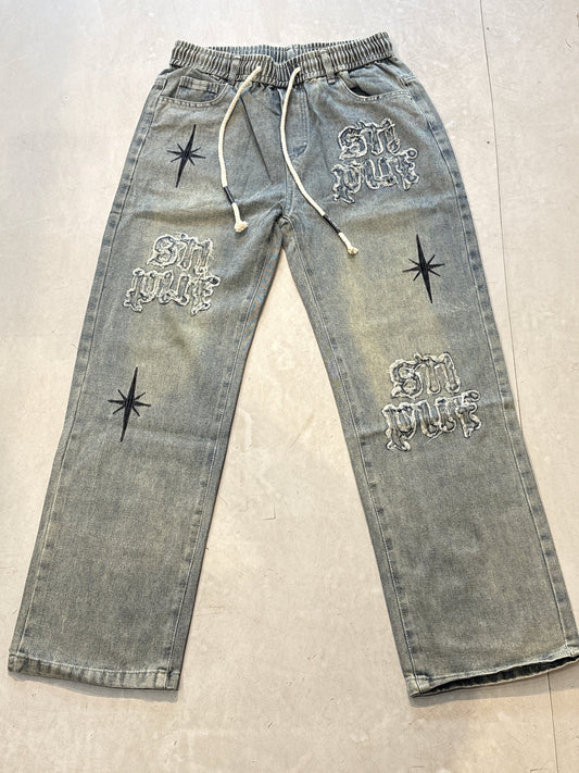 Fashion Design Light Blue Greenish Colour Rugged Sn Puf Star Print Tc1989 Denim Jogger Pant 2815