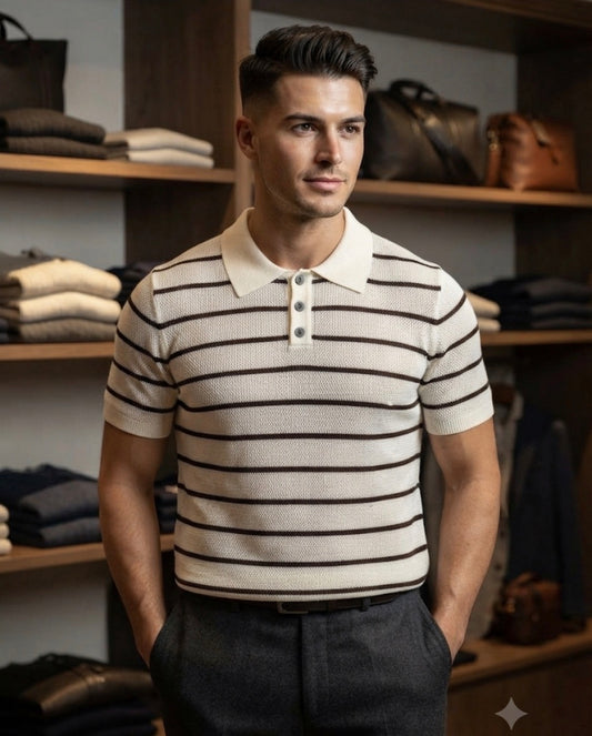 Men Stylish Cream Colour Brown  Lining Knitted Premium Quality Unisex Collar T-Shirt R86039