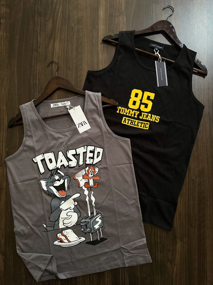 MOT Black Colour With Front Print Cotton Sando 65695