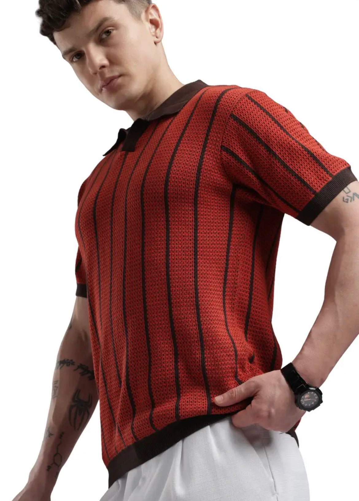 BUSA Orange Colour with Brown Lines Knitted Premium Quality Unisex Collar T-Shirt 2040