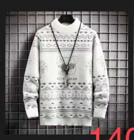 White Colour With Grey Teddy Print Turtleneck Sweater Unisex Sweater 19342
