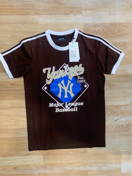 Adi Ida wen Newyo Yankees Dark Brown White Colour Half Sleeve  Baseball Round Neck Premium Quality TShirt 988799