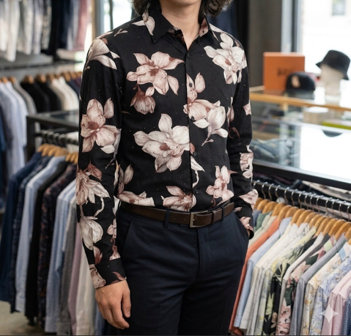 AQUARIUS Black Colour Maroon Grey Flower Print Black Stud Premium Quality Full sleeve Shirt 990775