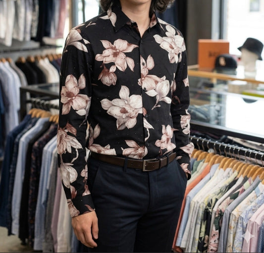 AQUARIUS Black Colour Maroon Grey Flower Print Black Stud Premium Quality Full sleeve Shirt 990775