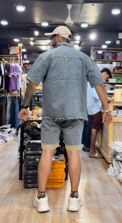 Blue Grey Rugged Half Sleeve Shirt With Shorts Denim Coord Set 7723