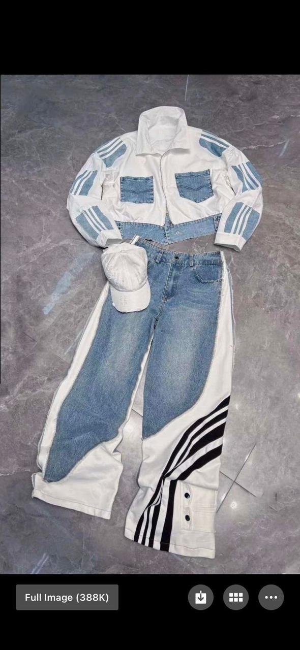 Seven+ Sky Blue White Black Stripe Colour Imported Baggy Fit Jeans 17151