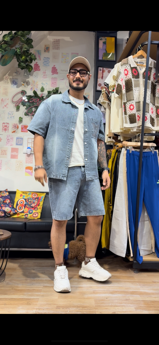 Uol Lou Blue Grey Half Sleeve Shirt With Shorts Denim Coord Set 88027