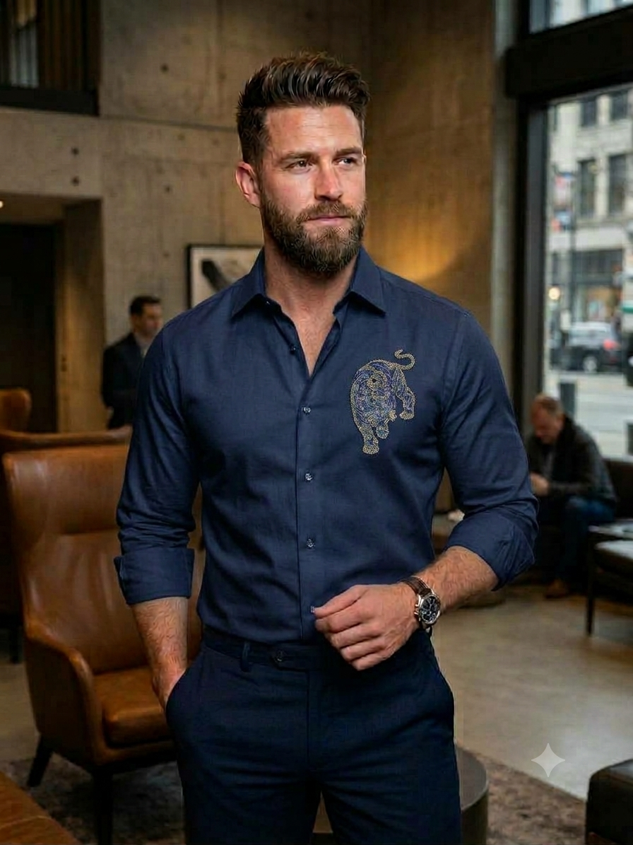 Aquarius Navy Blue Colour Blue Gold Stone Stud Tiger Print Japanese Shirt 991416-A
